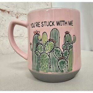 Cactus Themed Ceramic Mug "You're Stuck With Me" Pink Gray